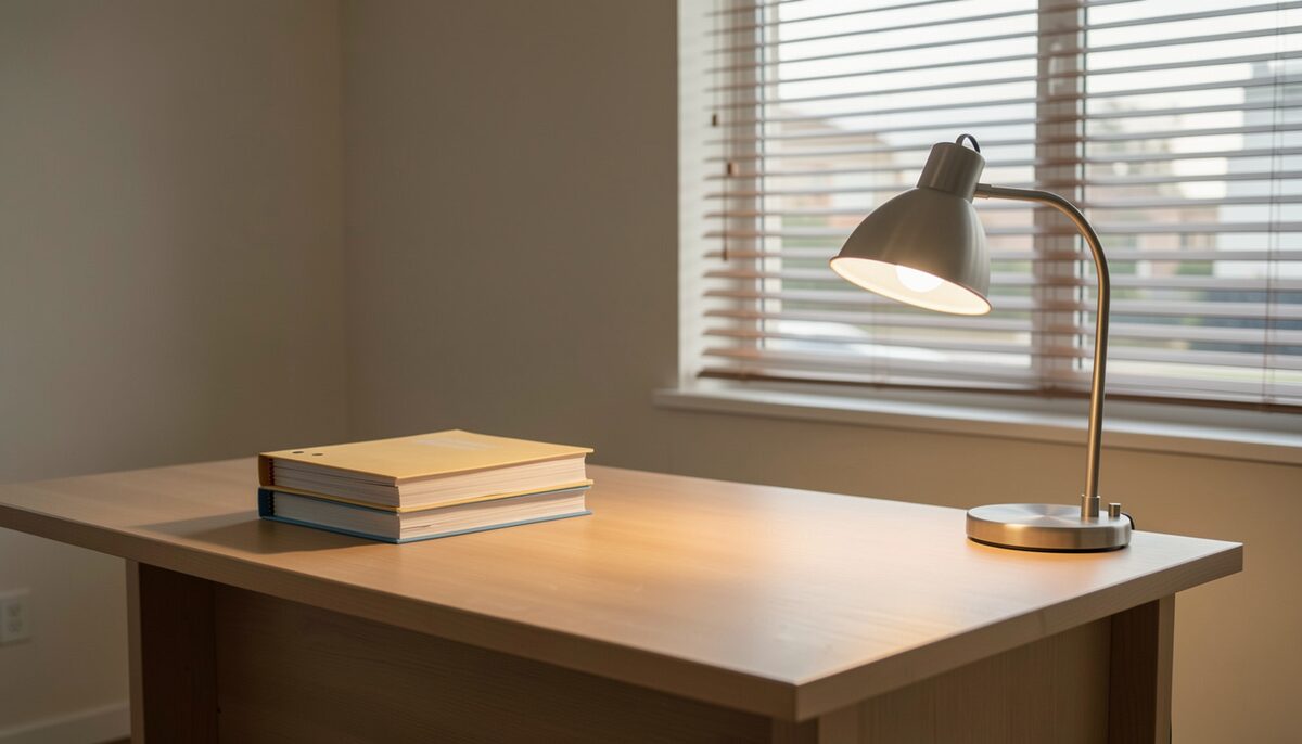 An empty consultation desk with two stacked folders and a desk lamp, window blinds casting soft stripes, early evening light, no readable text, no people, documentary photograph