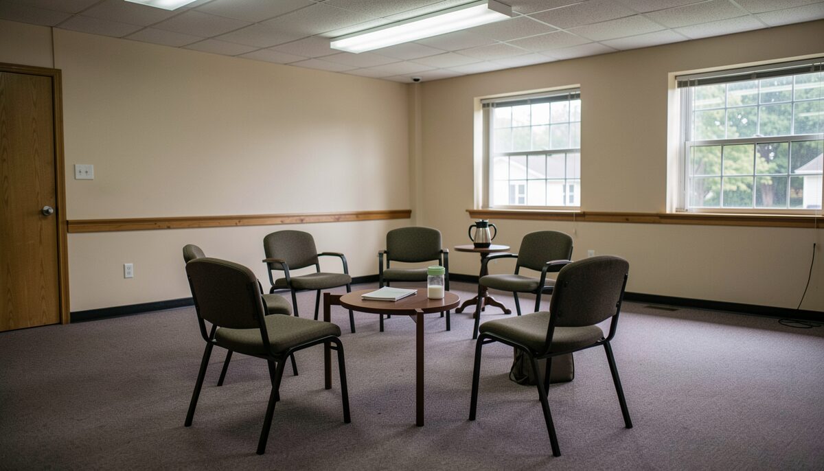 A circle of five empty chairs in a church basement meeting room, a coffee pot on a side table, fluorescent and window light mixed, no people, documentary photograph