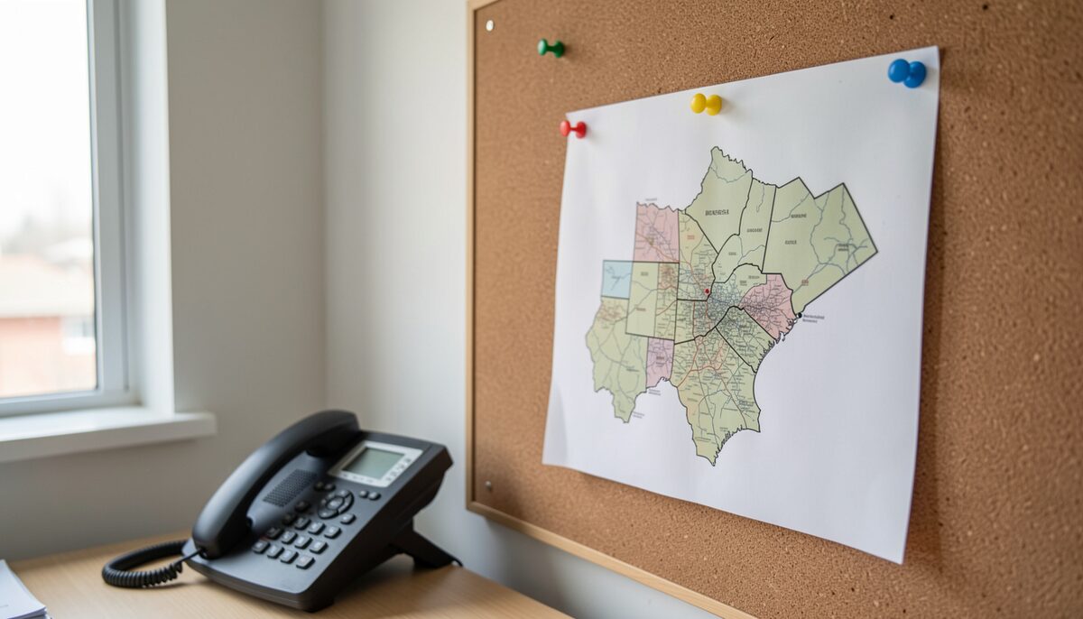 A paper county map pinned to a corkboard beside a desk telephone, a few pushpins marking locations, office light, no readable text on the map, no people, documentary photograph