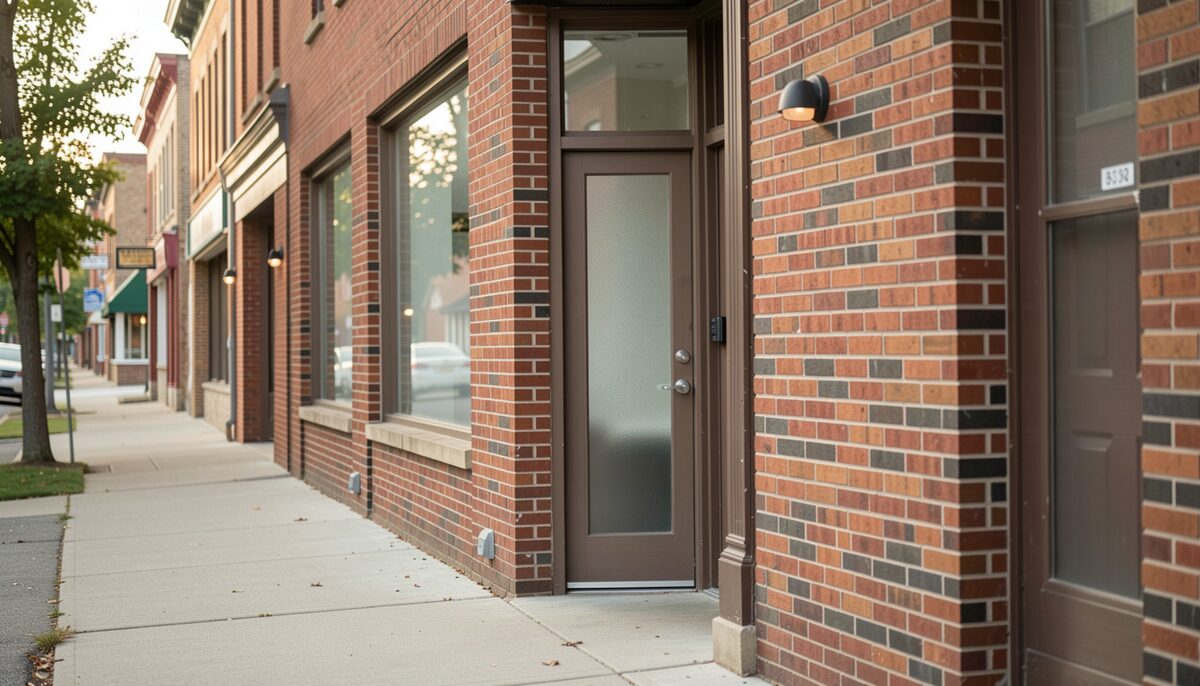 A brick commercial storefront on a small Ohio main street, a plain door with a glass panel, a sidewalk, morning light down the street, no readable signs, no people, documentary photograph